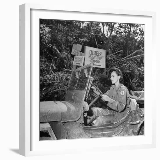 Red Cross Worker Janet Schwerton (Of Newton, Ma) Drives Jeep Along the Ledo Road, Burma, July 1944-Bernard Hoffman-Framed Photographic Print