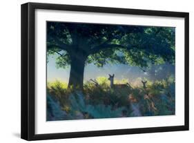 Red Deer Does on an Early Autumn Morning in Richmond Park-Alex Saberi-Framed Photographic Print