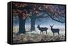 Red Deer Stags in a Forest with Colorful Fall Foliage-Alex Saberi-Framed Stretched Canvas