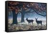 Red Deer Stags in a Forest with Colorful Fall Foliage-Alex Saberi-Framed Stretched Canvas