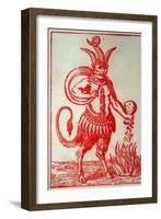 Red Devil with 3 Horns Tail and Goats Legs Pours Money into the Fire-null-Framed Art Print