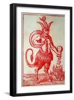 Red Devil with 3 Horns Tail and Goats Legs Pours Money into the Fire-null-Framed Art Print