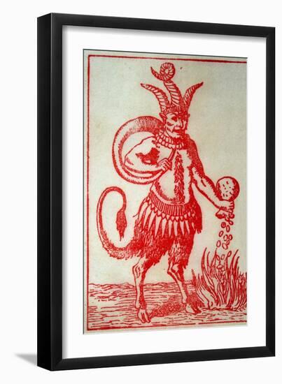 Red Devil with 3 Horns Tail and Goats Legs Pours Money into the Fire-null-Framed Art Print