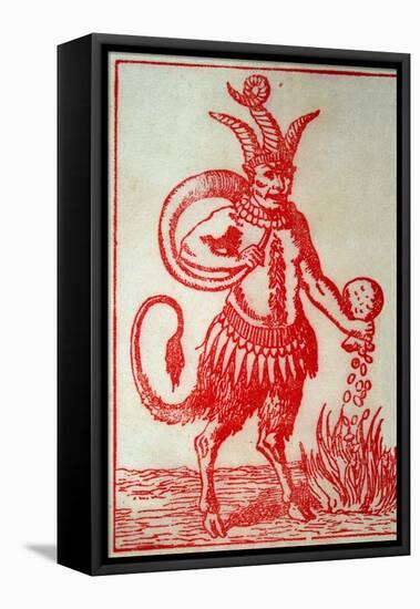 Red Devil with 3 Horns Tail and Goats Legs Pours Money into the Fire-null-Framed Stretched Canvas