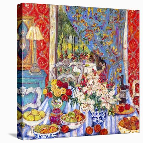 Red Dining Room with Striped Cloth-Cynthia Gatien-Stretched Canvas