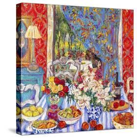 Red Dining Room with Striped Cloth-Cynthia Gatien-Stretched Canvas