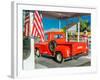 Red Dodge Pickup truck parked in front of vintage gas station in Santa Paula, California-null-Framed Photographic Print