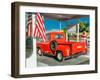 Red Dodge Pickup truck parked in front of vintage gas station in Santa Paula, California-null-Framed Photographic Print