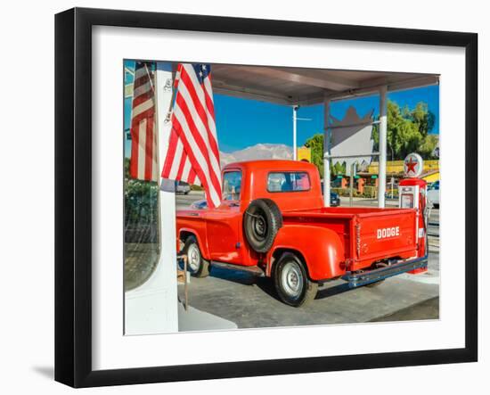 Red Dodge Pickup truck parked in front of vintage gas station in Santa Paula, California-null-Framed Photographic Print