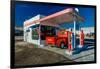 Red Dodge Pickup truck parked in front of vintage gas station in Santa Paula, California-null-Framed Photographic Print