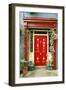 Red door with painted daisies, surrounded by flowers and vines.-Tom Haseltine-Framed Photographic Print
