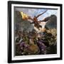 Red Dragon and Orcs Attacking Royal Knights-Stocktrek Images-Framed Art Print