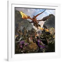 Red Dragon and Orcs Attacking Royal Knights-Stocktrek Images-Framed Art Print