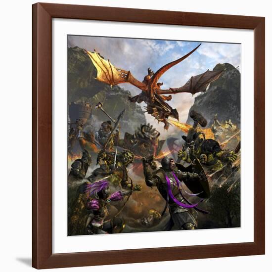 Red Dragon and Orcs Attacking Royal Knights-Stocktrek Images-Framed Art Print