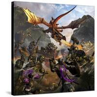 Red Dragon and Orcs Attacking Royal Knights-Stocktrek Images-Stretched Canvas