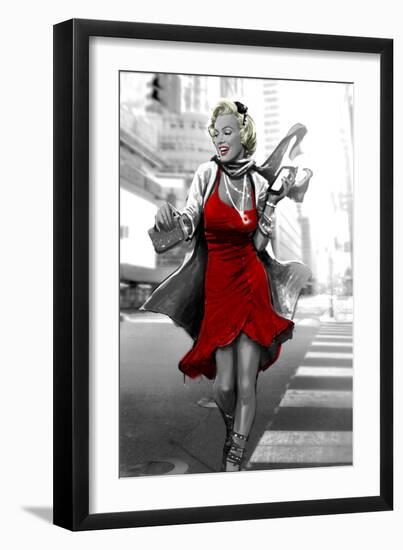 Red Dress in the City-JJ Brando-Framed Art Print