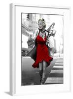 Red Dress in the City-JJ Brando-Framed Art Print