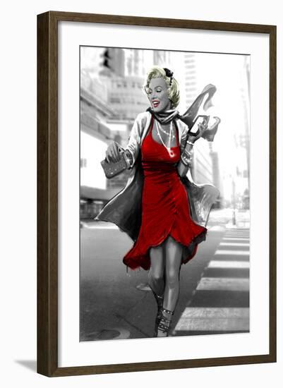 Red Dress in the City-JJ Brando-Framed Art Print