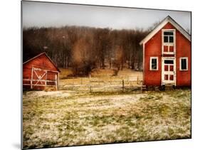 Red Farmhouse and Barn in Snowy Field-Robert Cattan-Mounted Photographic Print