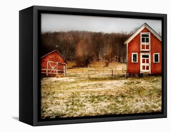 Red Farmhouse and Barn in Snowy Field-Robert Cattan-Framed Stretched Canvas