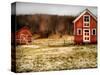 Red Farmhouse and Barn in Snowy Field-Robert Cattan-Stretched Canvas