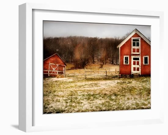 Red Farmhouse and Barn in Snowy Field-Robert Cattan-Framed Photographic Print