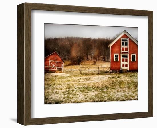 Red Farmhouse and Barn in Snowy Field-Robert Cattan-Framed Photographic Print