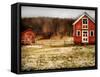 Red Farmhouse and Barn in Snowy Field-Robert Cattan-Framed Stretched Canvas