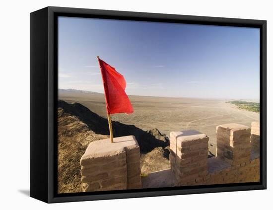Red Flag Flying on Overhanging Great Wall, UNESCO World Heritage Site, Jiayuguan, Gansu, China-Porteous Rod-Framed Stretched Canvas