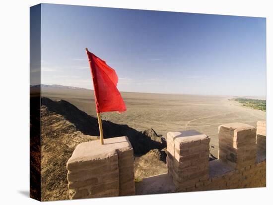 Red Flag Flying on Overhanging Great Wall, UNESCO World Heritage Site, Jiayuguan, Gansu, China-Porteous Rod-Stretched Canvas