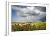 Red flowers and rainbow frame the green hills and farmland of Crete Senesi (Senese Clays), Province-Roberto Moiola-Framed Photographic Print