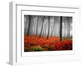 Red Flowers in a Foggy Forest-null-Framed Art Print
