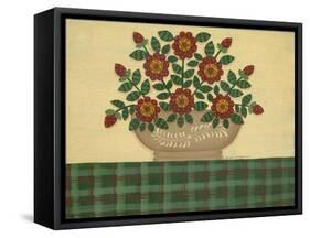 Red Flowers with Dark Green Tablecloth-Debbie McMaster-Framed Stretched Canvas