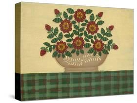 Red Flowers with Dark Green Tablecloth-Debbie McMaster-Stretched Canvas