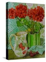 Red Geranium with the Strawberry Jug and Cherries-Joan Thewsey-Stretched Canvas