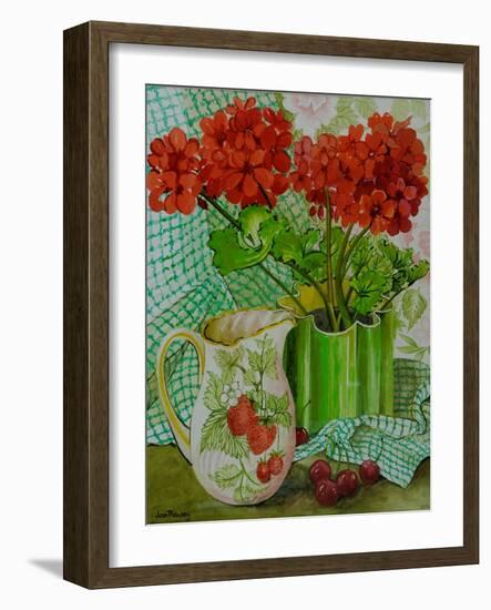 Red Geranium with the Strawberry Jug and Cherries-Joan Thewsey-Framed Giclee Print