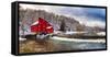 Red Grist Mill in a Winter Landscape, Clinton, New Jersey-George Oze-Framed Stretched Canvas