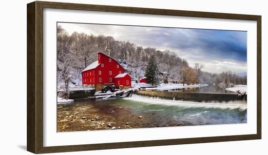 Red Grist Mill in a Winter Landscape, Clinton, New Jersey-George Oze-Framed Photographic Print