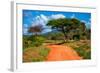 Red Ground Road and Bush with Savanna Landscape in Africa. Tsavo West, Kenya.-Michal Bednarek-Framed Photographic Print