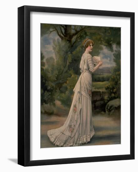 Red Haired Woman Modeling White Robe de Diner with Pink Rose Accents, Designed by Redfern-Reutlinger-Framed Photographic Print