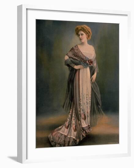 Red Haired Woman Modeling White, Rose and Blue Gray Chiffon Robe Designed by Beer-Reutlinger-Framed Photographic Print