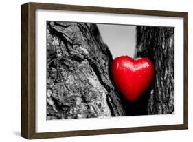 Red Heart in a Tree Trunk. Romantic Symbol of Love, Valentine's Day. Black and White with Red.-Michal Bednarek-Framed Photographic Print