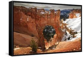 Red-Hued Limestone Arch Lit by Morning Sun with Snowy Cliffs in Winter at Natural Bridge-Eleanor Scriven-Framed Stretched Canvas