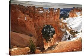Red-Hued Limestone Arch Lit by Morning Sun with Snowy Cliffs in Winter at Natural Bridge-Eleanor Scriven-Stretched Canvas