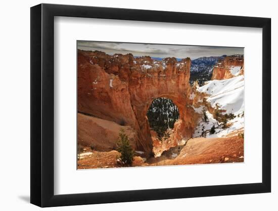 Red-Hued Limestone Arch Lit by Morning Sun with Snowy Cliffs in Winter at Natural Bridge-Eleanor Scriven-Framed Photographic Print