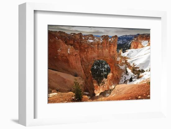 Red-Hued Limestone Arch Lit by Morning Sun with Snowy Cliffs in Winter at Natural Bridge-Eleanor Scriven-Framed Photographic Print