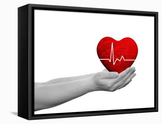 Red Human Heart Sign or Symbol with Pulse Held in Human Man or Woman Hands-bestdesign36-Framed Stretched Canvas