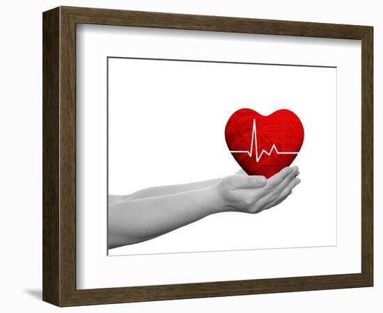 Red Human Heart Sign or Symbol with Pulse Held in Human Man or Woman Hands-bestdesign36-Framed Photographic Print