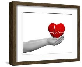 Red Human Heart Sign or Symbol with Pulse Held in Human Man or Woman Hands-bestdesign36-Framed Photographic Print