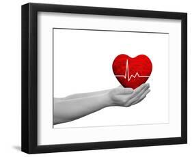 Red Human Heart Sign or Symbol with Pulse Held in Human Man or Woman Hands-bestdesign36-Framed Photographic Print